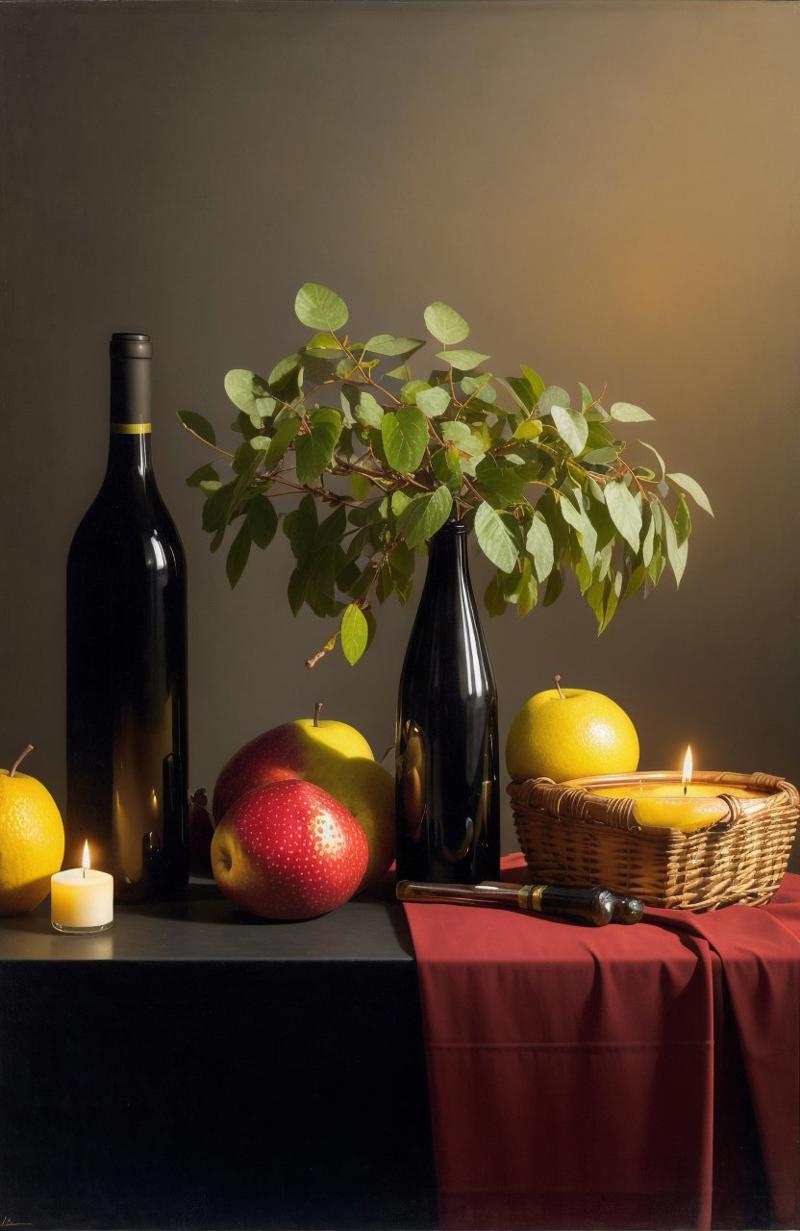 01751-1324517525-alchemy fantastic still life composition with plump fruit in a basket, black background, a wine bottle and a jade plant, an astr.jpg